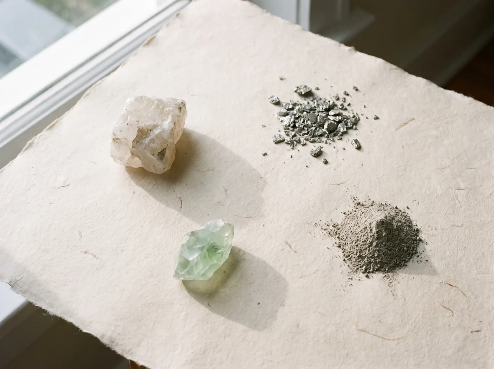 Raw mineral specimens arranged on handmade paper