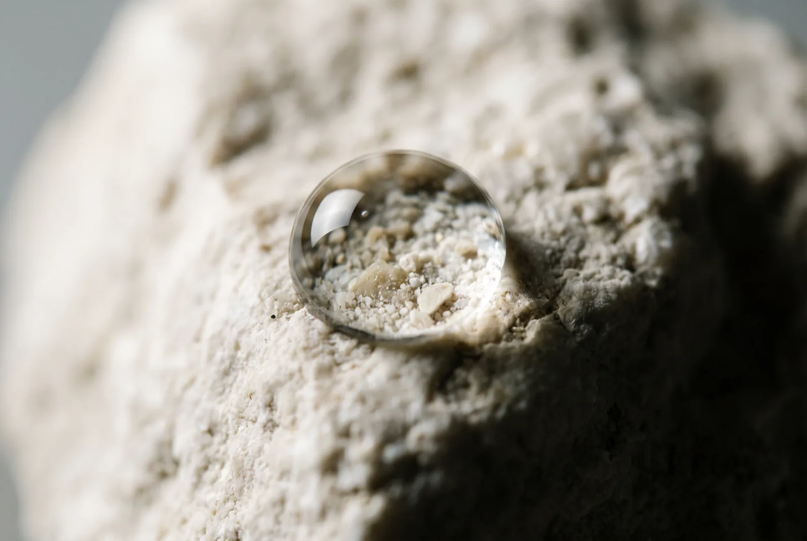 Macro photograph of a water droplet on a mineral surface